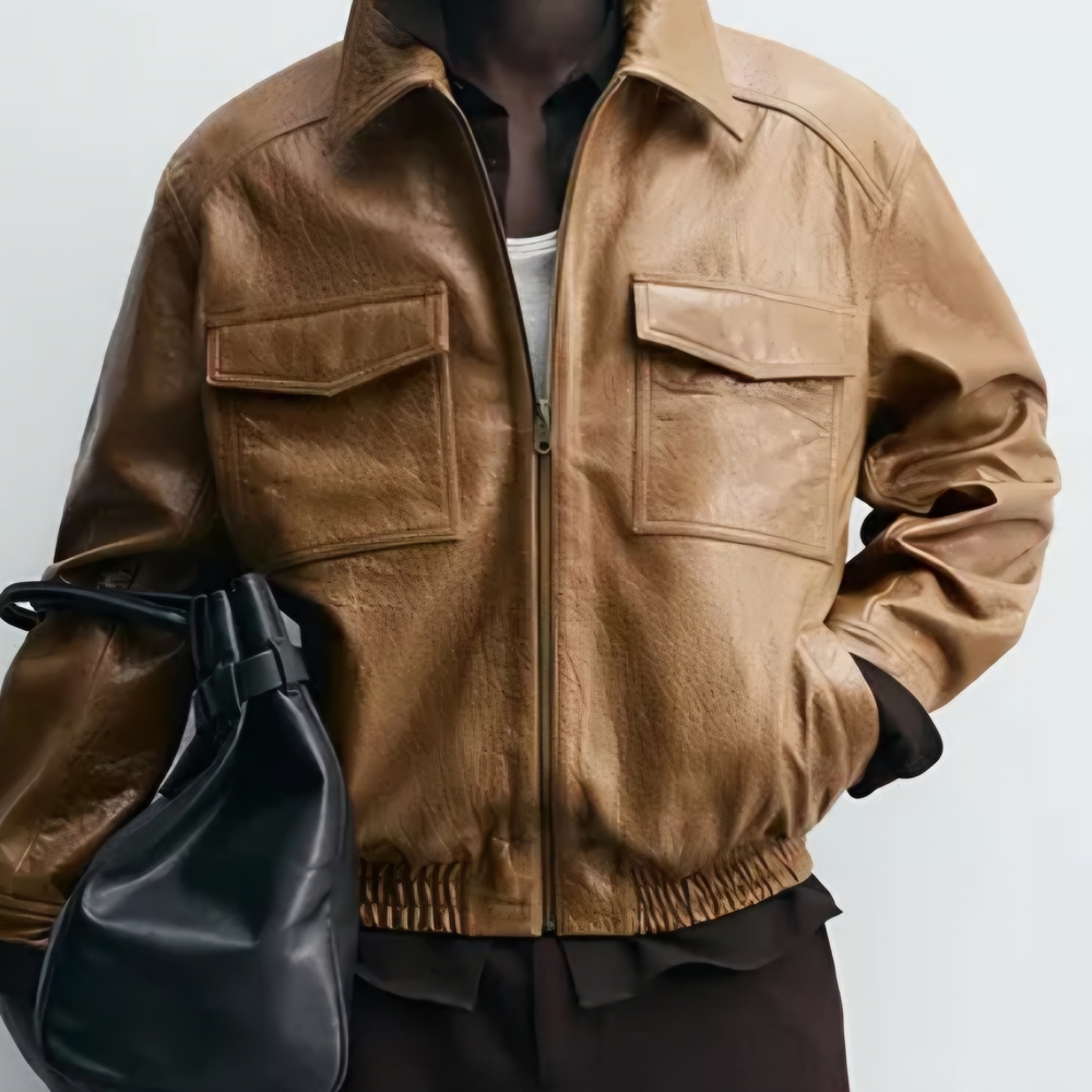 Zara Men's Brown Leather Bomber Jacket - Classic Zip Front Taupe Brown Medium